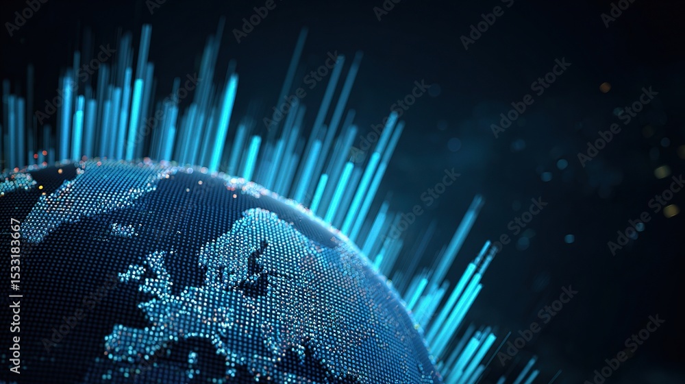 Poster digital globe with blue bars illustrating data visualization trends