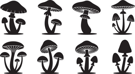 Illustrated set of eight different black silhouettes of fungi or mushrooms on white background