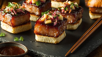 Caramelized pork belly sliders with colorful apple slaw on mini buns presented in square formation with Asian-inspired sauce and chopsticks
