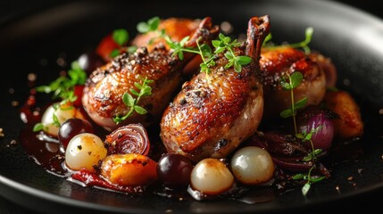 Quail presentation of perfectly caramelized legs garnished with bright herbs, surrounded by glazed pearl onions in various colors and luscious sauce on sophisticated dark plate