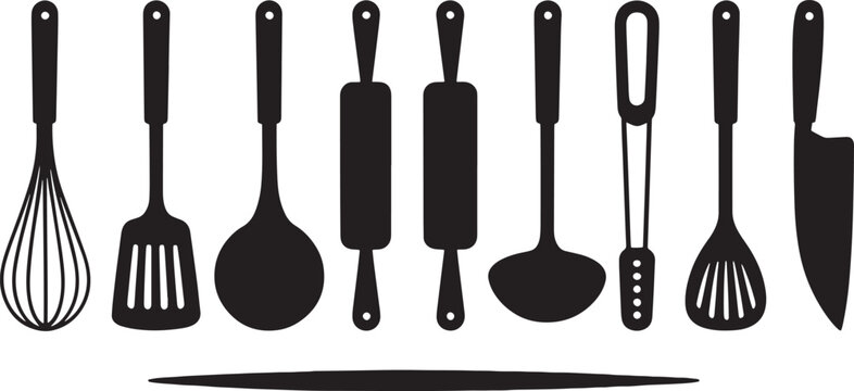 Kitchen utensils silhouette vector collection featuring whisk spatula rolling pin ladle and knife