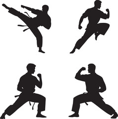 Silhouette illustrations of karate practitioners demonstrating martial arts fighting techniques and poses