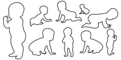 Diverse Group of Children Playing and Crawling in Black Silhouette Style on White Background silhouette This image showcases