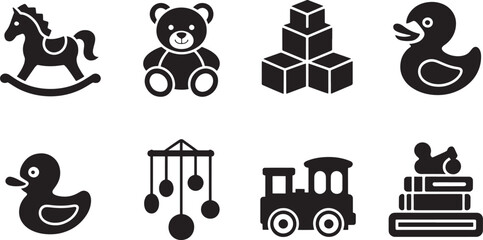 Vector icons of cute baby toys in simple black and white silhouettes