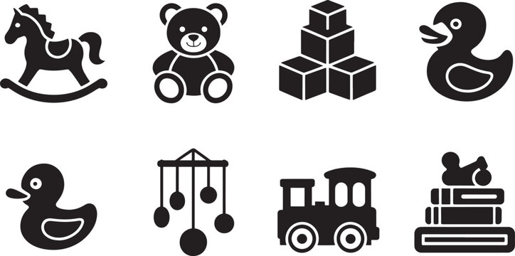 Vector icons of cute baby toys in simple black and white silhouettes