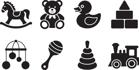 Vector illustration of baby toys collection including rocking horse teddy bear duck and train © Laila