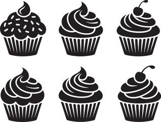 Vector illustration of six different black and white cupcakes with various icing designs