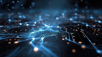Abstract Blue Circuit Background with Tech Elements and Glowing Lights