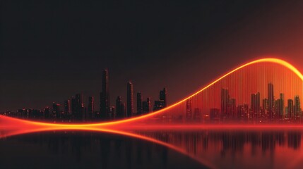 Glowing Red Graph Over Modern City Skyline at Dusk