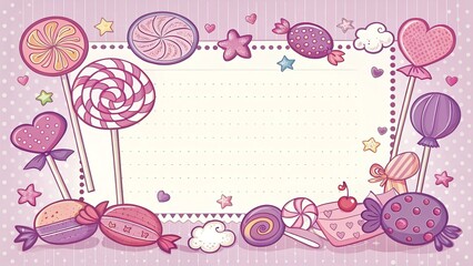 Cartoon candy and lollipop border, pink and purple.