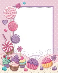 Cartoon candy and lollipop border, pink and purple.