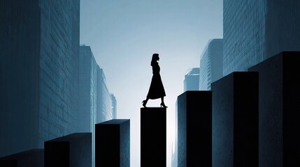 Female Silhouette Walking Among Rising Columns in Urban Landscape