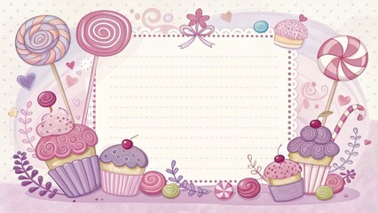 Cartoon candy and lollipop border, pink and purple.