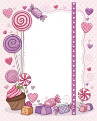 Cartoon candy and lollipop border, pink and purple.