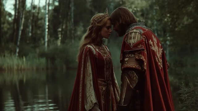 A video shows a king and queen in ornate robes standing beside a forested river. Concept of timeless romance.