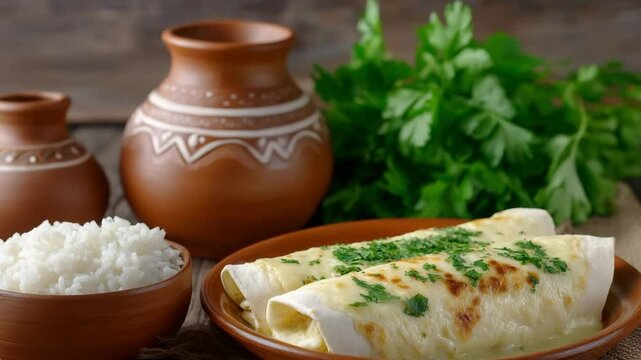A video shows fresh flatbread served on clay dishes beside a bundle of herbs. Concept of traditional cuisine.