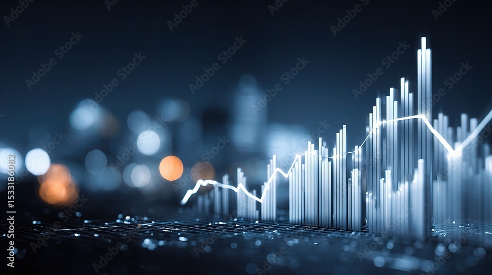Poster digital bar graphs and line charts with rising elements at night
