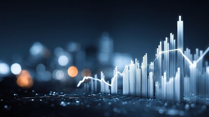 Digital Bar Graphs and Line Charts with Rising Elements at Night