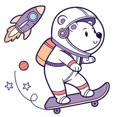 A Mischievous Polar bear with riding a skateboard in a Space explorer theme – Cosmic Pastels palette SVG illustration