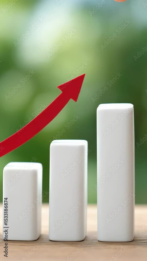 Poster a finger taps the tallest column of a rising three-bar graph in a vertical video. concept of perform