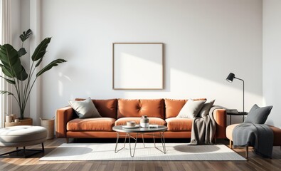 A minimalist haven where a velvet sofa in ore hues exuded understated elegance a mockup poster frame awaited a captivating design a stool provided comfort and pillows and accessories added a touch