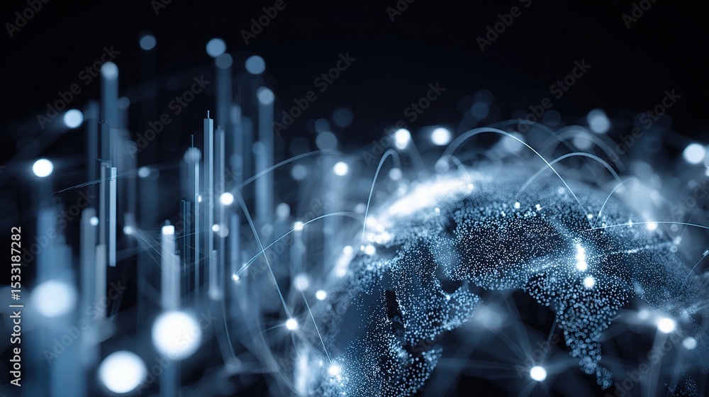 Poster digital network scene with globe and nodes in layers of technology