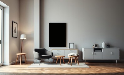 A sleek and minimalist Scandinavian living room unfolds featuring a plush design armchair nestled beside a black mock-up poster frame A white commode and a wooden stool add warmth and texture to the