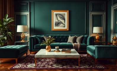 A lavish haven of modern elegance where a plush emerald velvet sofa a glossy coffee table and an ottoman form a cozy seating ensemble adorned with golden accents and a lush plant A mock poster fr