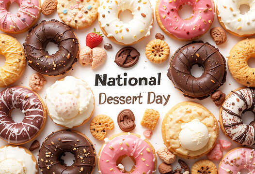  national dessert day Geometric Dessert Pattern with Donuts Cookies Ice Cream on White dessert texture, vibrant dessert pattern, dessert wallpaper sweet treat design snack flat lay donut pattern