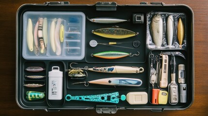 Organized fishing tackle box with various lures and accessories
