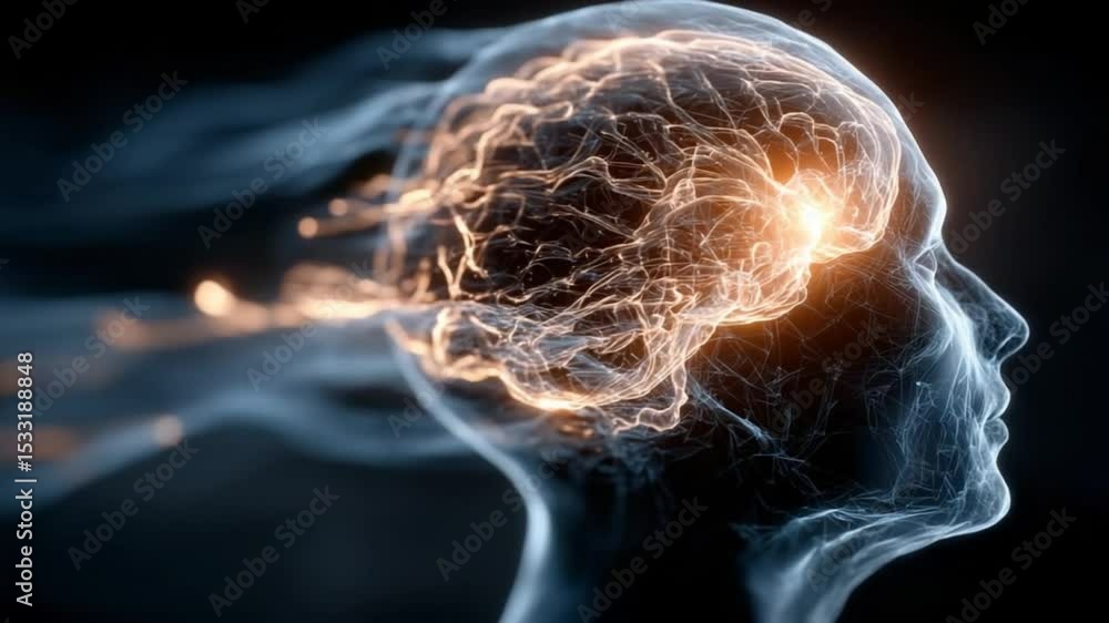 Aufkleber a dynamic digital brain model pulses with electric light in a horizontal video. concept of cognitive