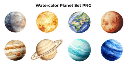 A set of watercolor planet on transparent background PNG