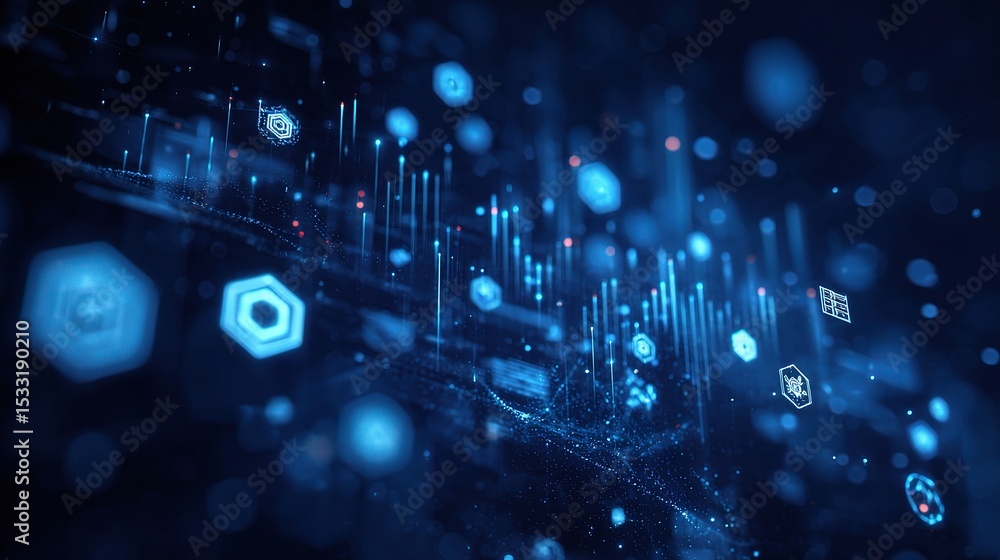 Poster deep blue gradient cyber data interface with floating elements