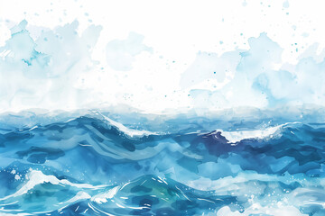 Vagues océaniques dynamiques en aquarelle bleue sur fond blanc, évocation poétique de la mer et de la nature fluide
