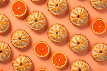 Vue flat lay de petites tartes à l’orange et de demi-oranges fraîches alignées en motif régulier sur fond pêche