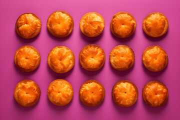 Disposition symétrique et alignée de tourtes ruddy potato pies  posée sur fond rose uni, composition minimaliste en vue du dessus pour design culinaire contrasté