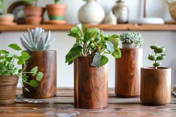 Plantes vertes variées dans des cache-pots cylindriques en bois naturel alignés sur une table rustique dans un intérieur lumineux au style épuré