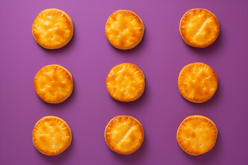 Vue en plongée de neuf tourtes de pommes de terre dorées à la croûte brillante, soigneusement alignées sur un fond violet uni pour une composition graphique et appétissante — Ruddy Potato Pies
