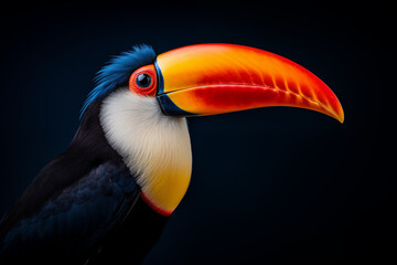  Gros plan d’un toucan coloré sur fond sombre, mettant en valeur son large bec orange vif et son plumage contrasté, composition animalière esthétique et exotique