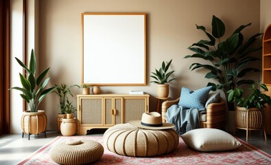 A living room interior meticulously crafted with mock-up poster frame inviting wooden bench woven rattan sideboard vibrant potted plants cozy pouf patterned rug stylish hat and personal access