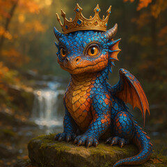 Baby Dragon with Crown in Autumn Forest – Fantasy Creature with Blue and Orange Scales by Woodland Waterfall