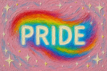 Pride Rainbow Text with Stars on Pink – Colorful LGBTQ+ Celebration Artwork in Whimsical Oil-Painted Style