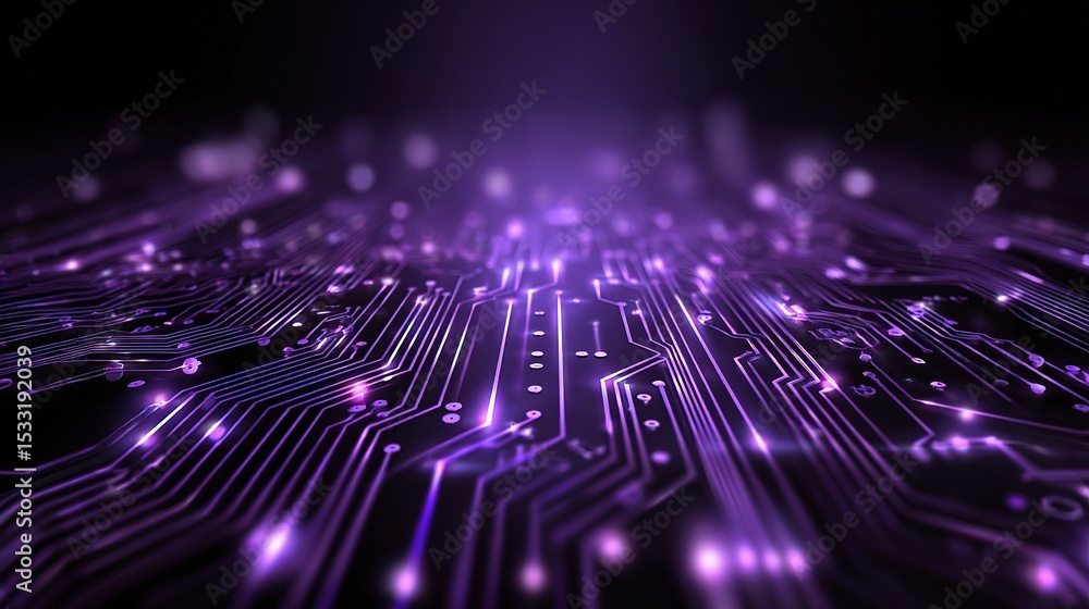 Poster neon purple digital background with circuit pattern and light effects