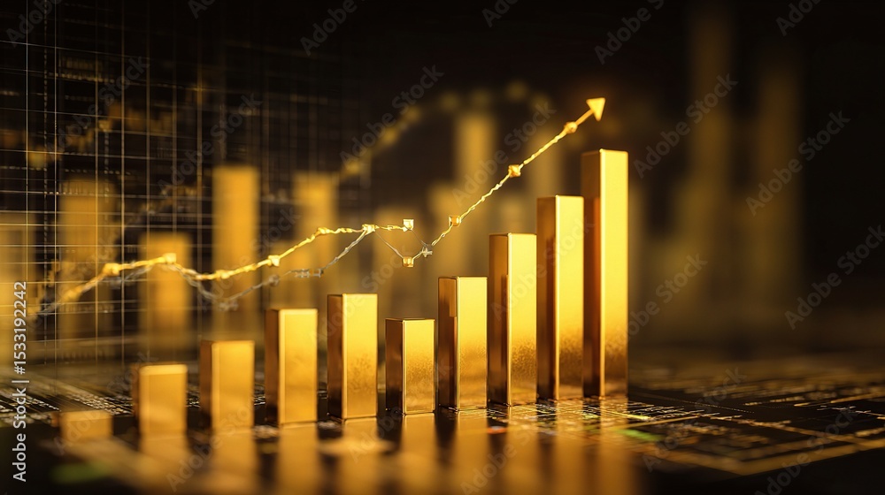 Aufkleber shiny golden bar graph and line chart on dark background