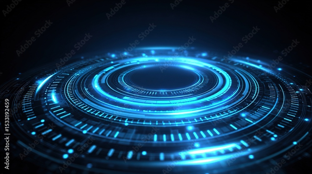 Poster futuristic vector display with glowing circular elements in dark background