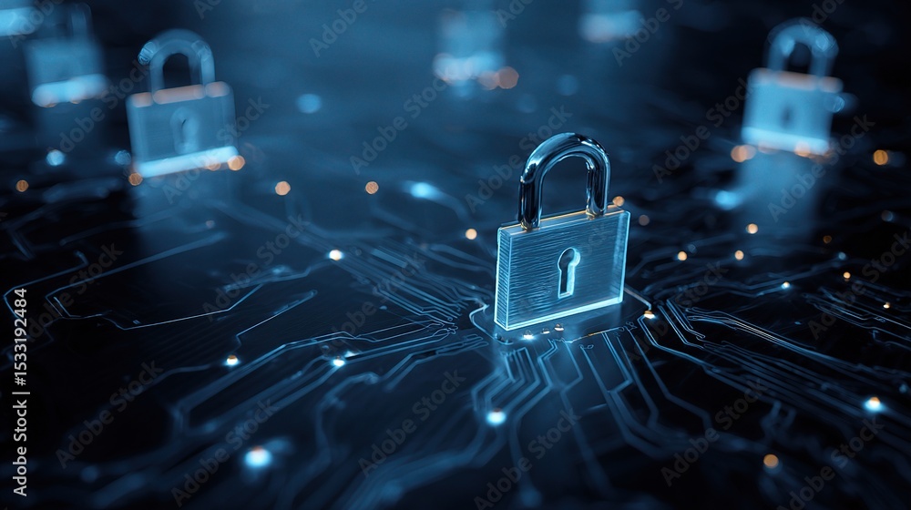 Poster cybersecurity landscape with floating encryption keys in digital space