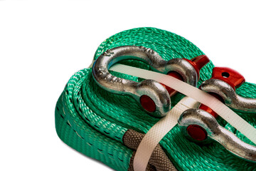 Vehicle recovery kit consisting of an arched bracket and a towing rope. Close-up on a white...