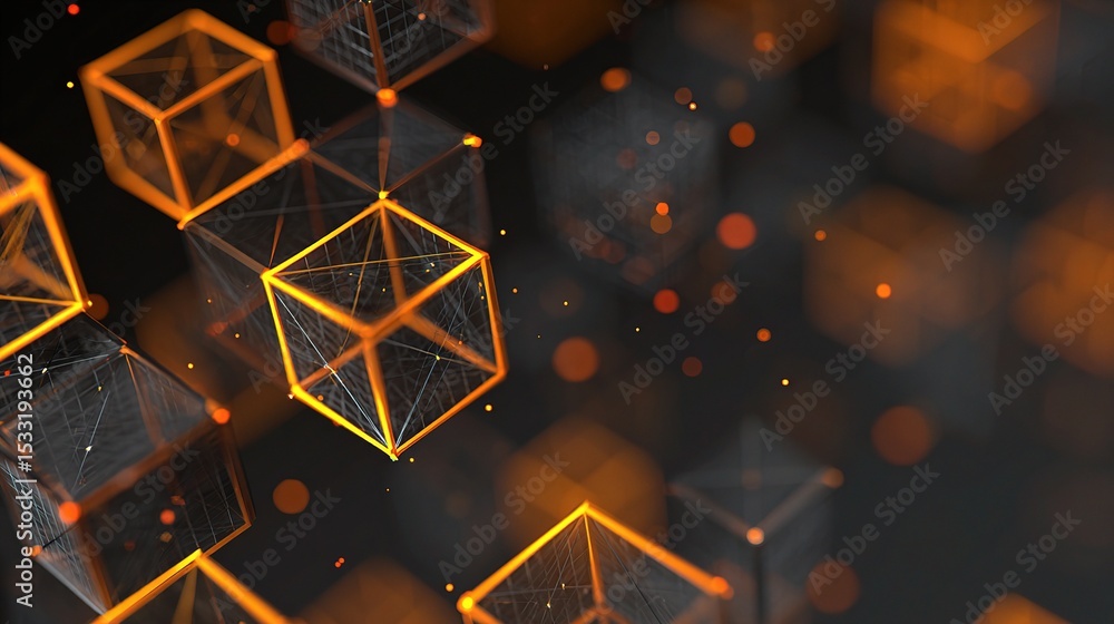 Poster rotating geometric cube in a dynamic wireframe environment