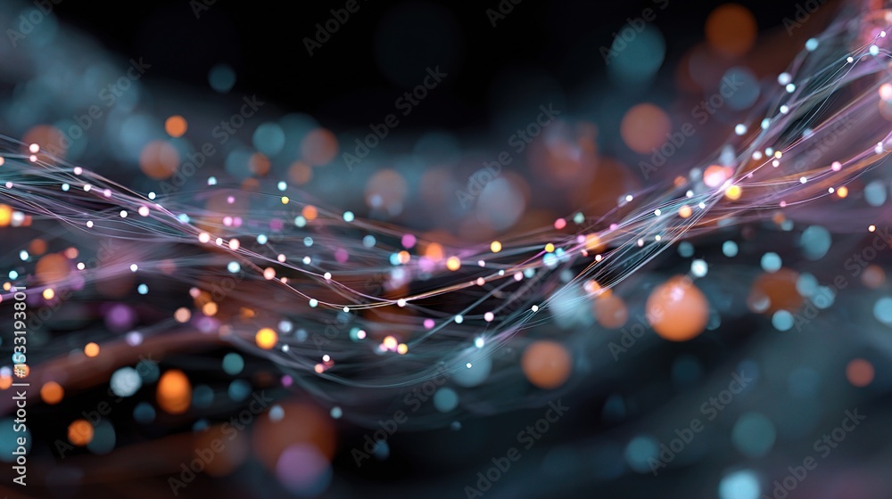 Poster 3d neural network visualization with glowing nodes and flowing lines