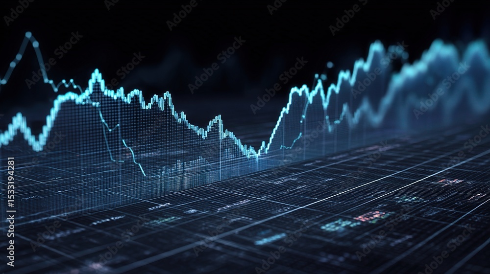 Poster ethereal transparent line graph floating above a digital grid
